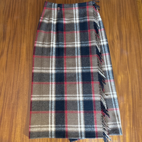 Eddie Bauer Plaid Wool Blend Blanket Wrap Maxi Skirt Fringe 90s Size 12 EUC - Picture 1 of 6